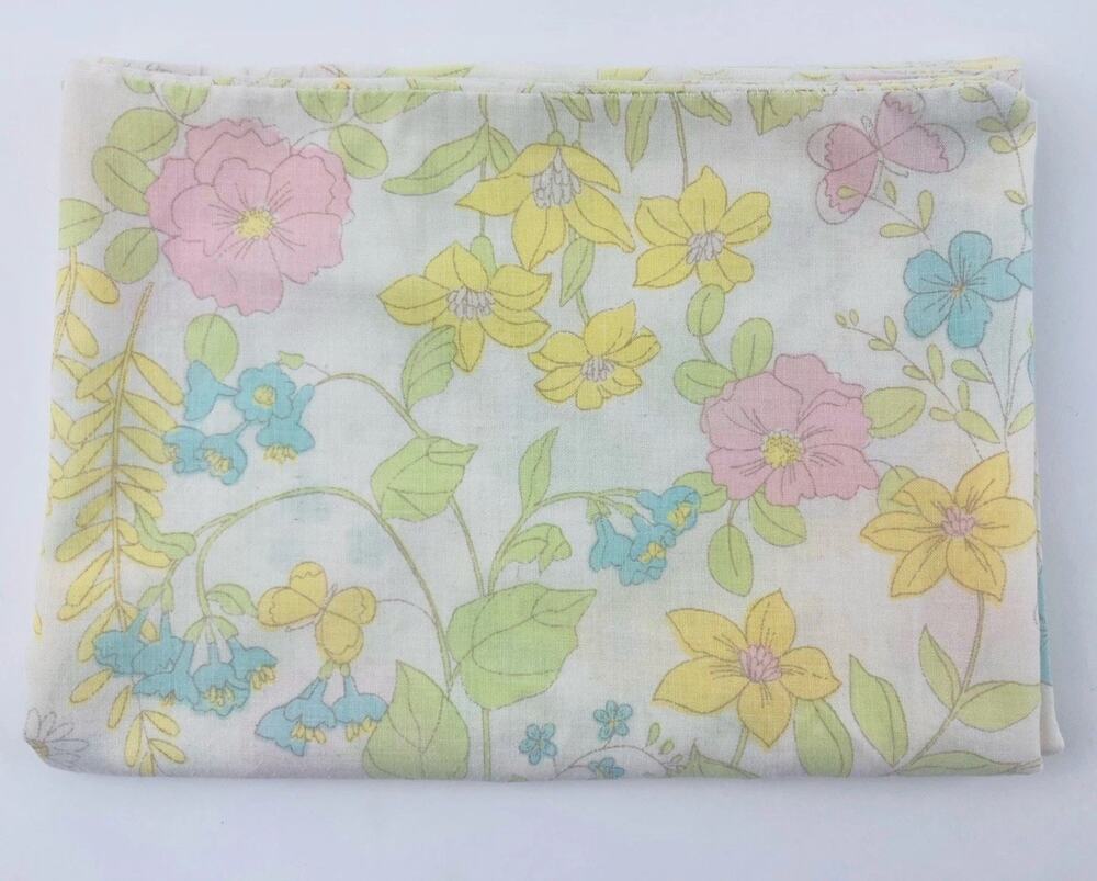 Vintage 70s Pillowcase Flower Power Mod Pink Yellow Green Butterflies by Pacific